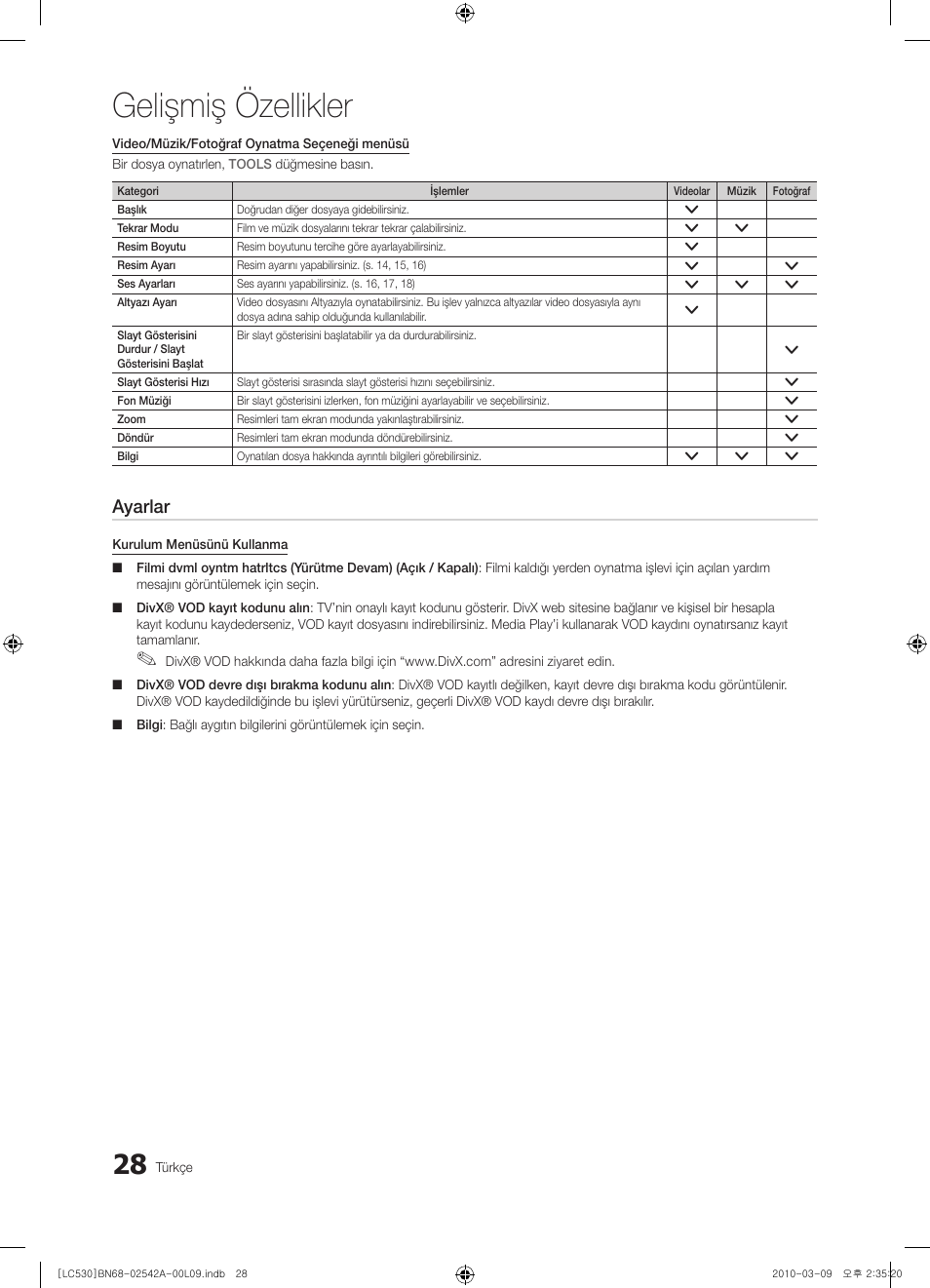 Gelişmiş özellikler, Ayarlar | Samsung LE37C530F1W User Manual | Page 218 / 231