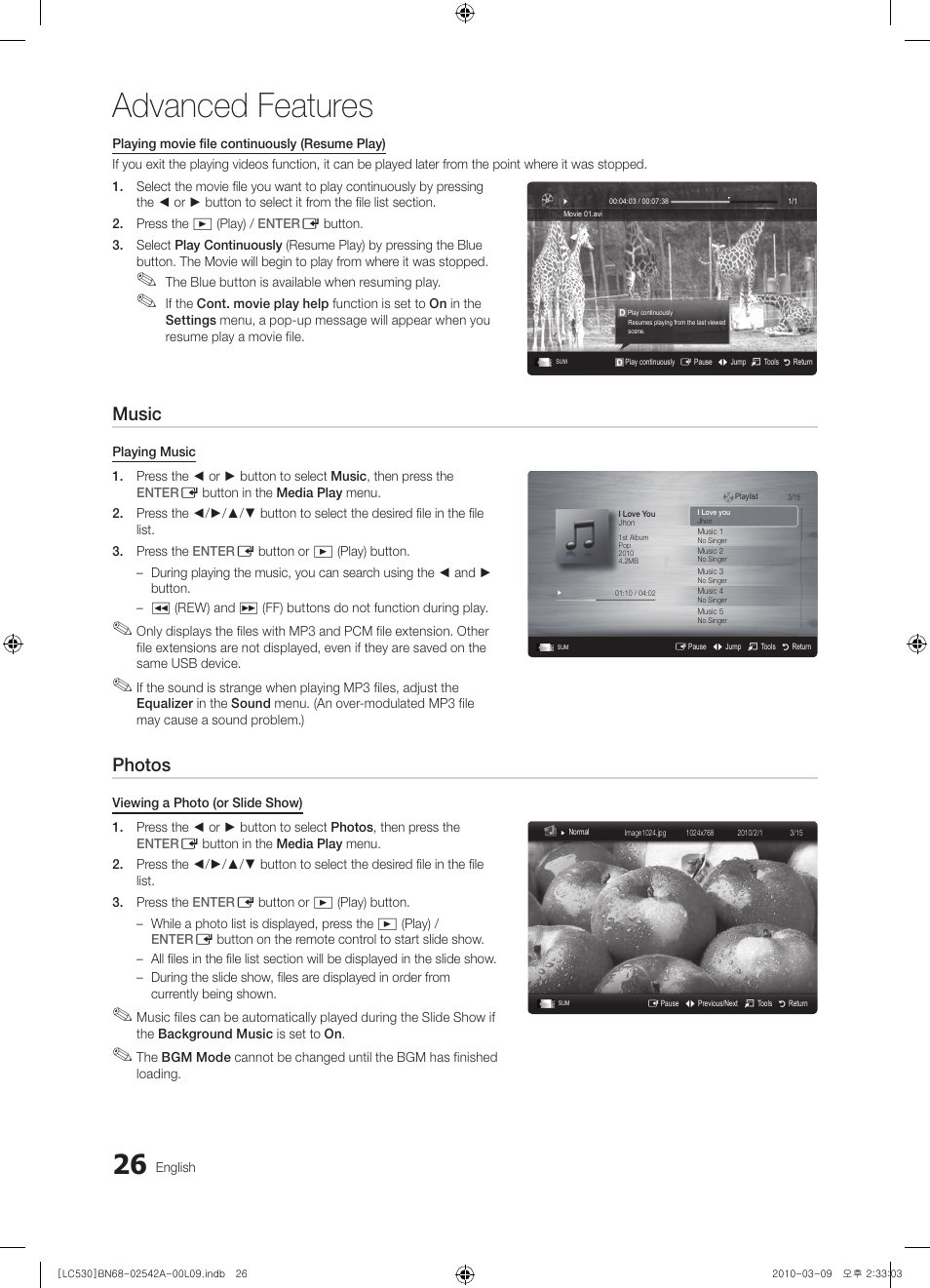 Advanced features, Music, Photos | Samsung LE37C530F1W User Manual | Page 26 / 231