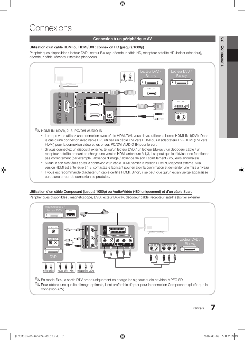 Connexions, 02 connexions, Connexion à un périphérique av | Samsung LE37C530F1W User Manual | Page 45 / 231