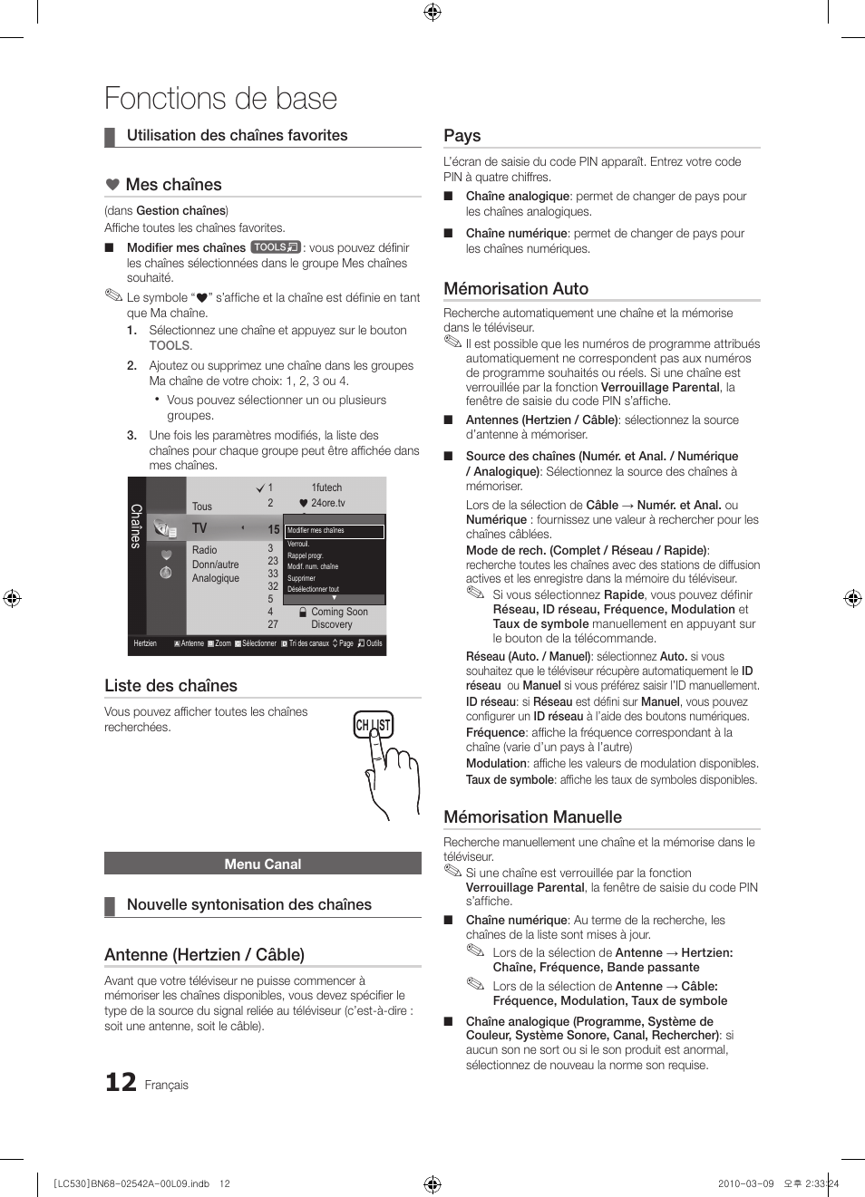 Fonctions de base, Mes chaînes, Liste des chaînes | Antenne (hertzien / câble), Pays, Mémorisation auto, Mémorisation manuelle | Samsung LE37C530F1W User Manual | Page 50 / 231