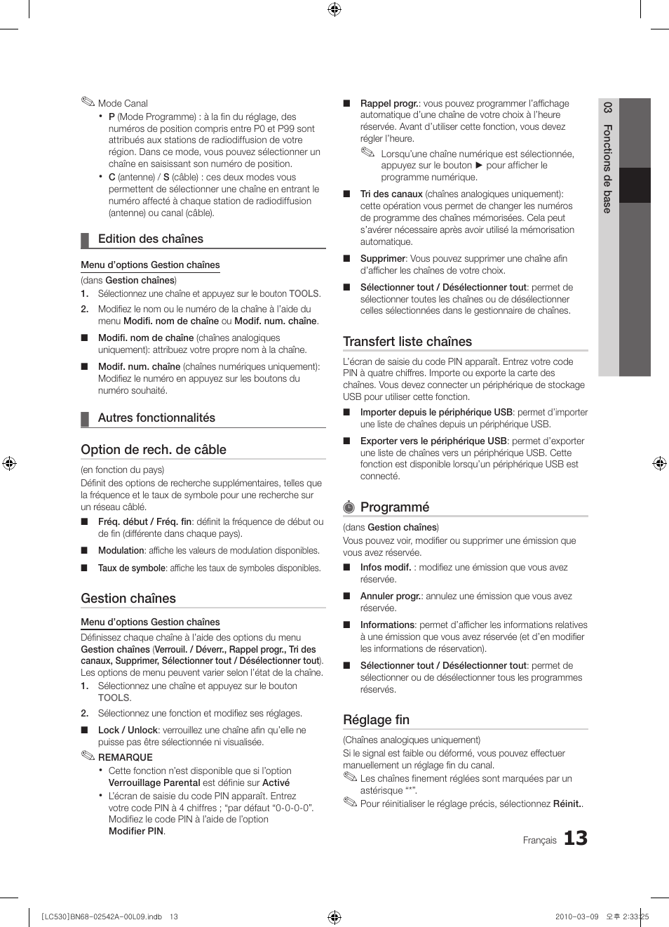 Option de rech. de câble, Gestion chaînes, Transfert liste chaînes | Programmé, Réglage fin | Samsung LE37C530F1W User Manual | Page 51 / 231