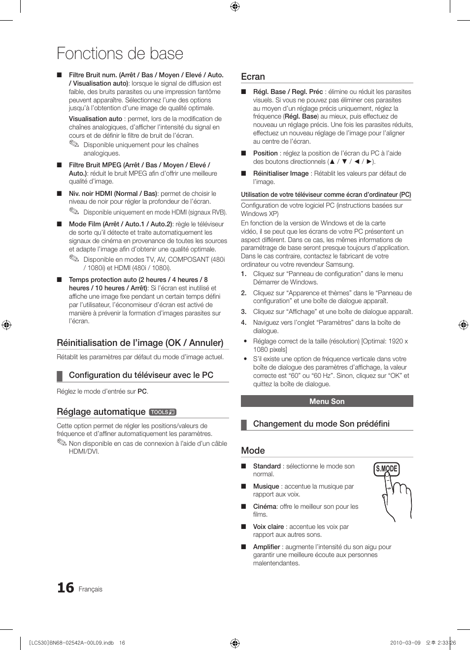 Fonctions de base, Réinitialisation de l’image (ok / annuler), Réglage automatique | Ecran, Mode | Samsung LE37C530F1W User Manual | Page 54 / 231