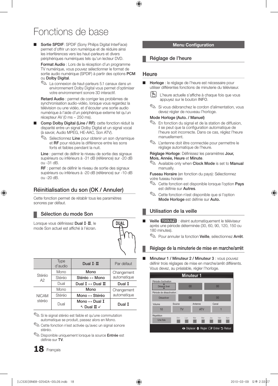 Fonctions de base, Réinitialisation du son (ok / annuler), Heure | Samsung LE37C530F1W User Manual | Page 56 / 231