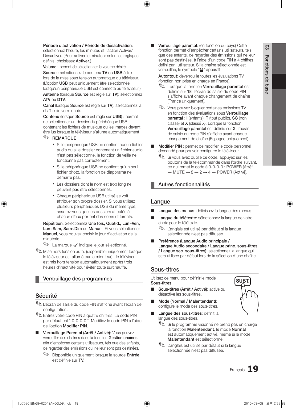 Sécurité, Langue, Sous-titres | Samsung LE37C530F1W User Manual | Page 57 / 231