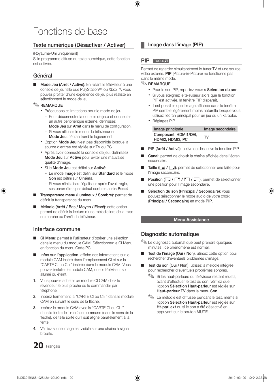 Fonctions de base, Texte numérique (désactiver / activer), Général | Interface commune, Diagnostic automatique | Samsung LE37C530F1W User Manual | Page 58 / 231