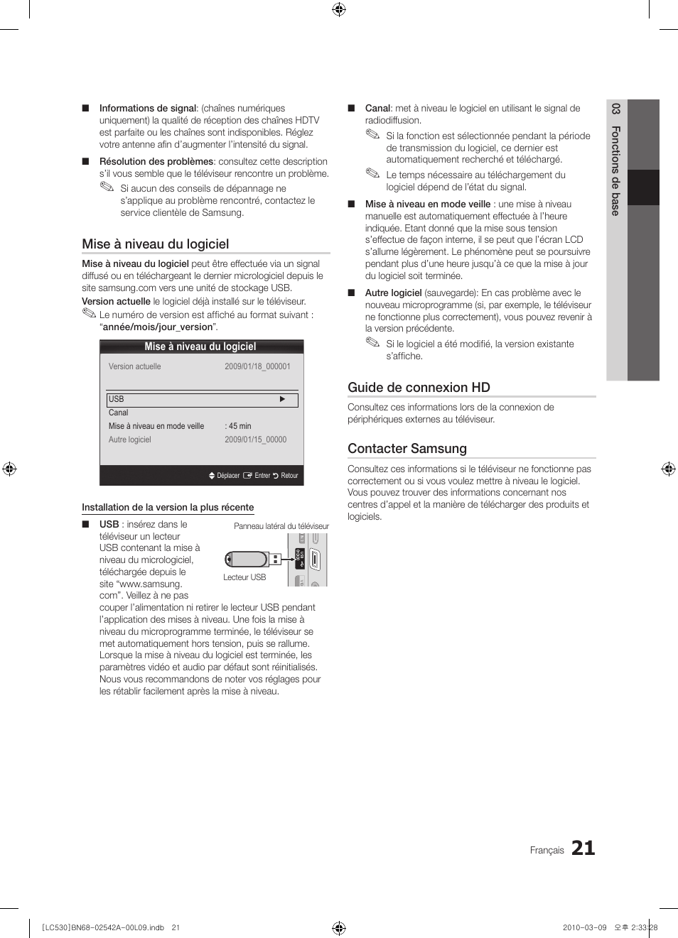 Mise à niveau du logiciel, Guide de connexion hd, Contacter samsung | Samsung LE37C530F1W User Manual | Page 59 / 231