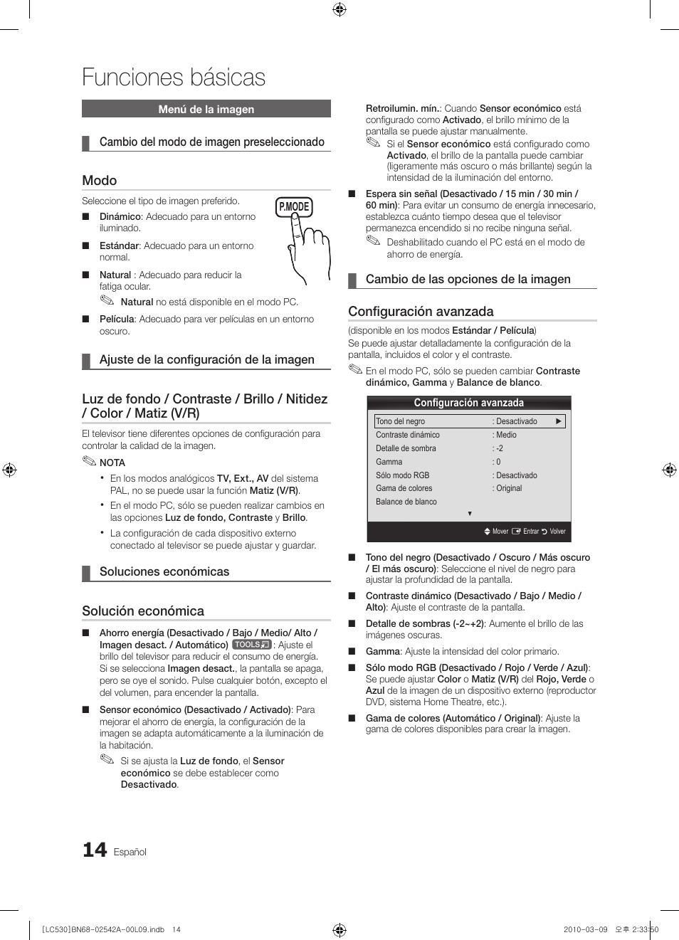 Funciones básicas, Modo, Solución económica | Configuración avanzada | Samsung LE37C530F1W User Manual | Page 90 / 231
