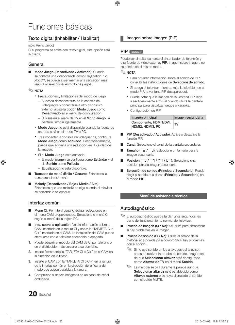 Funciones básicas, Texto digital (inhabilitar / habilitar), General | Interfaz común, Autodiagnóstico | Samsung LE37C530F1W User Manual | Page 96 / 231