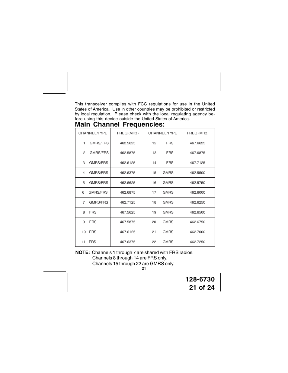 Main channel frequencies | Audiovox GMRS7001-2 User Manual | Page 21 / 24