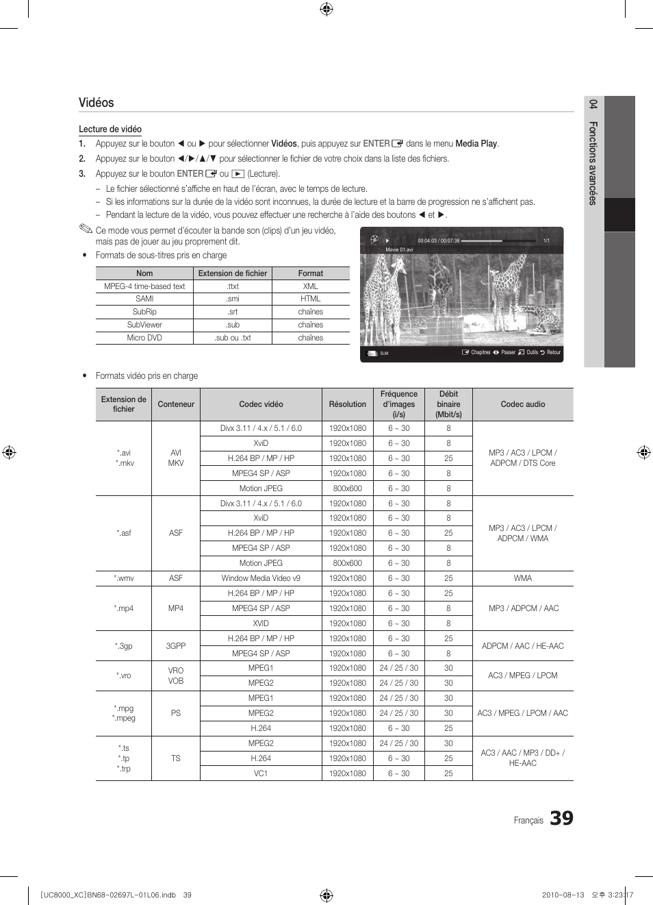 Vidéos | Samsung UE65C8000XW User Manual | Page 101 / 374