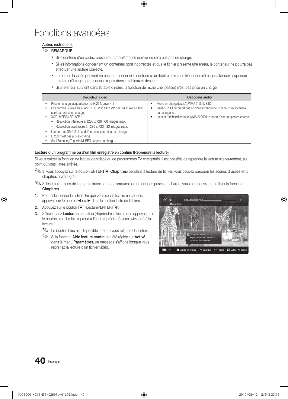 Fonctions avancées | Samsung UE65C8000XW User Manual | Page 102 / 374