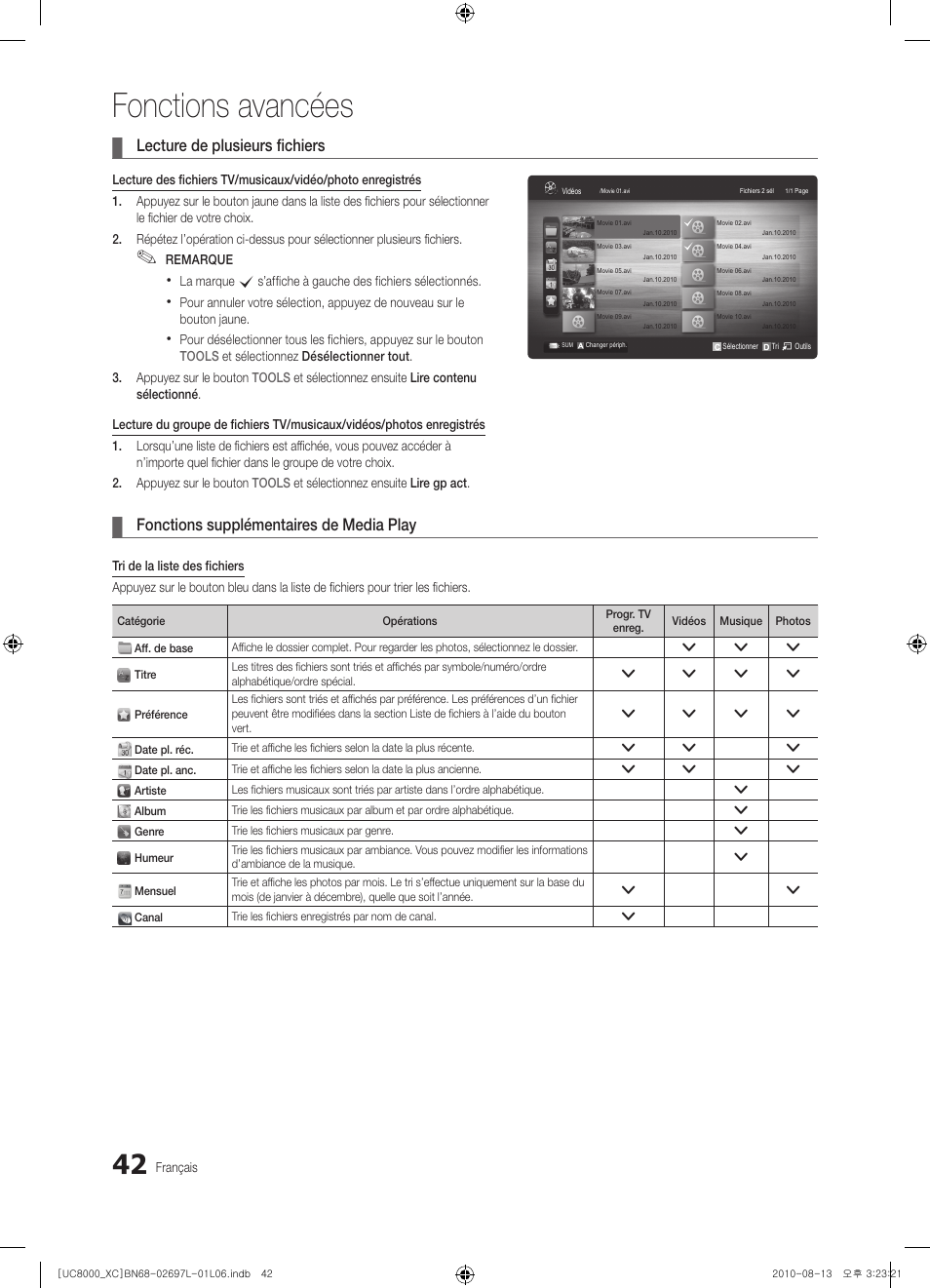 Fonctions avancées, Lecture de plusieurs fichiers, Fonctions supplémentaires de media play | Samsung UE65C8000XW User Manual | Page 104 / 374