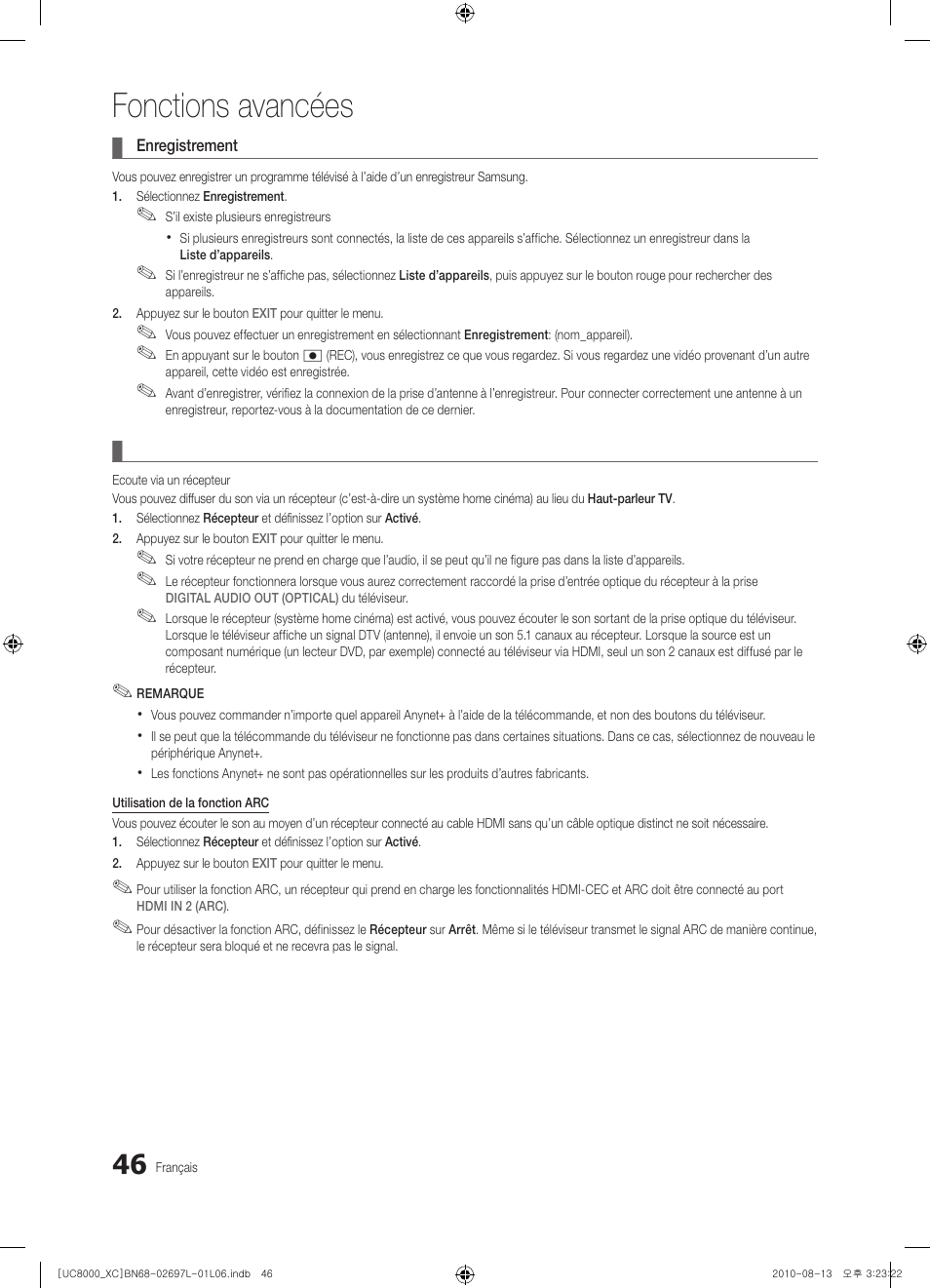 Fonctions avancées | Samsung UE65C8000XW User Manual | Page 108 / 374