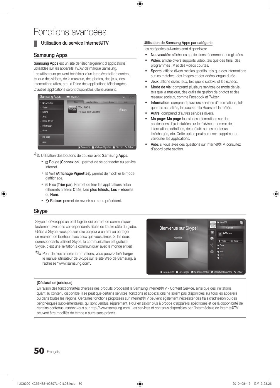Fonctions avancées, Samsung apps, Skype | Utilisation du service internet@tv | Samsung UE65C8000XW User Manual | Page 112 / 374