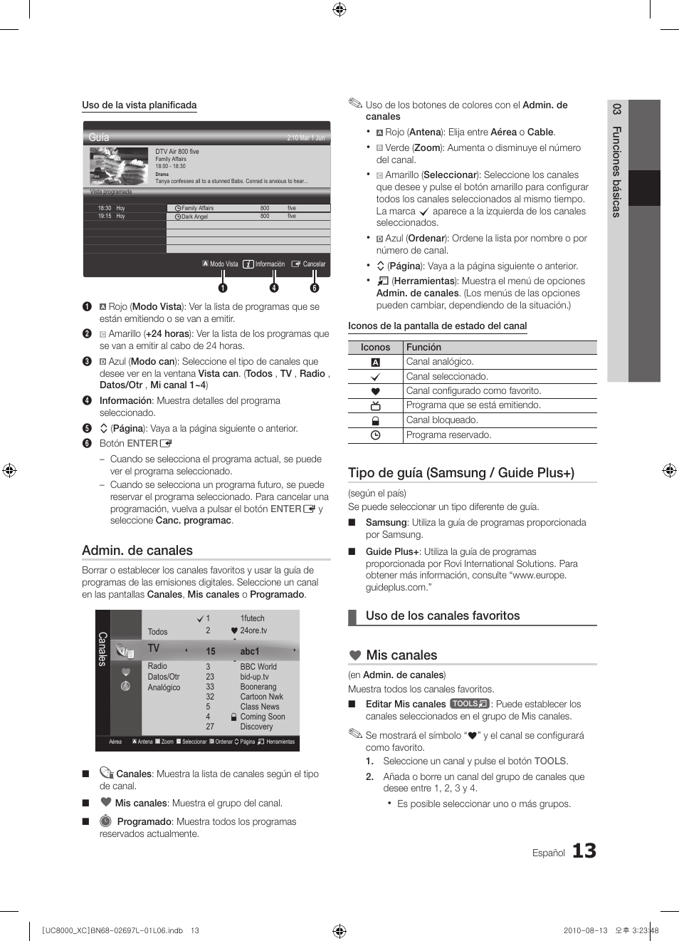 Admin. de canales, Tipo de guía (samsung / guide plus+), Mis canales | Uso de los canales favoritos | Samsung UE65C8000XW User Manual | Page 137 / 374