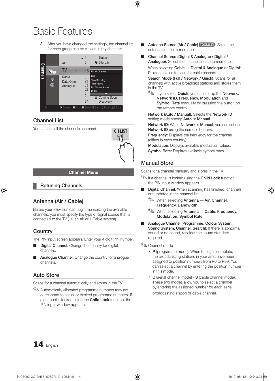 Basic features, Channel list, Antenna (air / cable) | Country, Auto store, Manual store | Samsung UE65C8000XW User Manual | Page 14 / 374