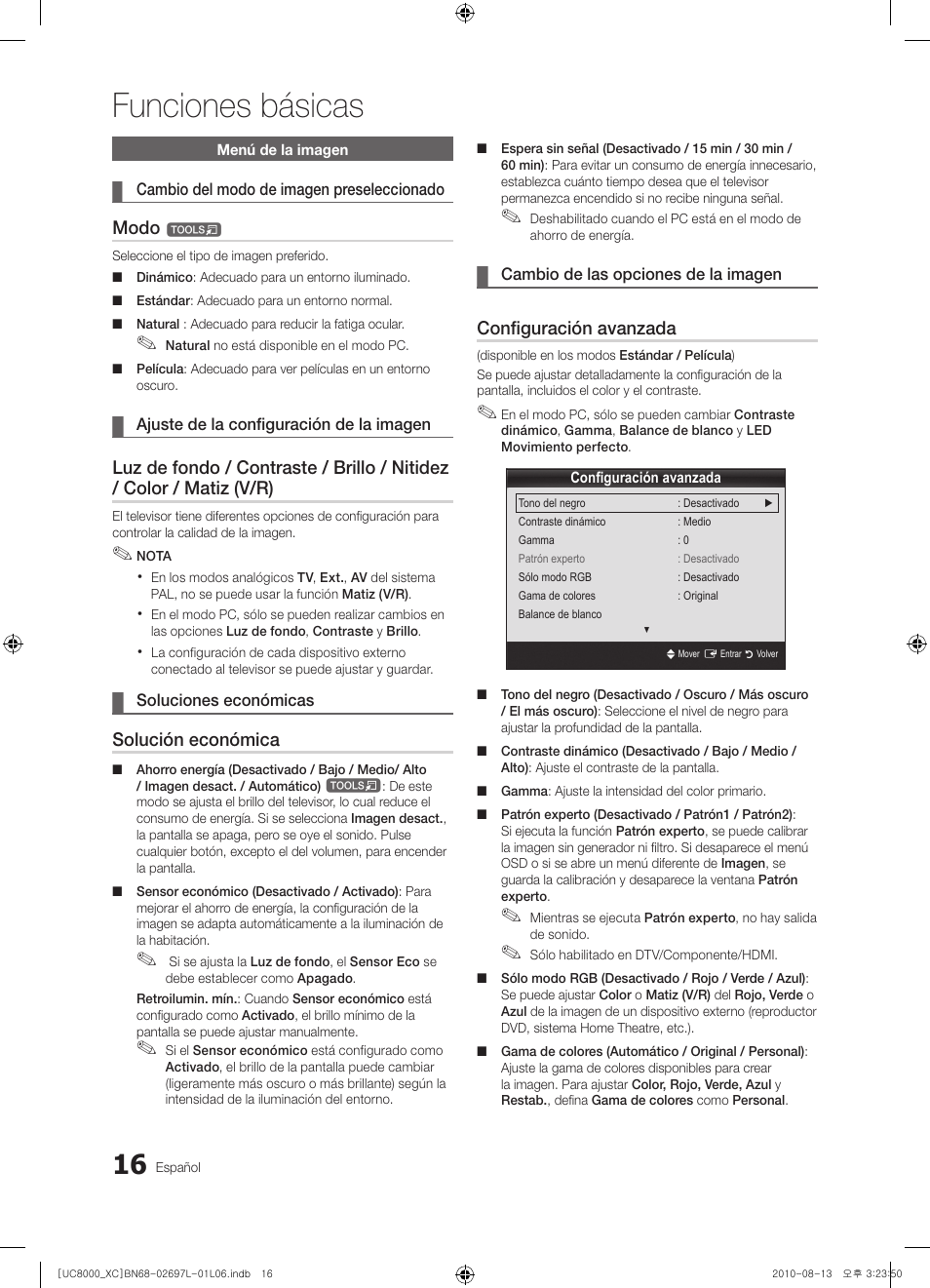 Funciones básicas, Modo, Solución económica | Configuración avanzada | Samsung UE65C8000XW User Manual | Page 140 / 374