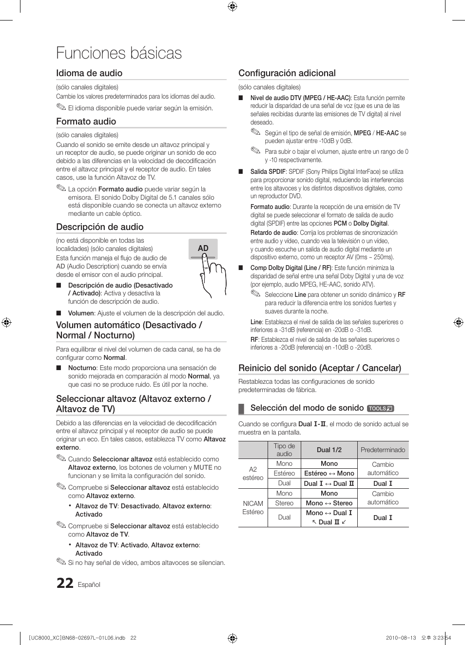 Funciones básicas, Idioma de audio, Formato audio | Descripción de audio, Configuración adicional, Reinicio del sonido (aceptar / cancelar) | Samsung UE65C8000XW User Manual | Page 146 / 374