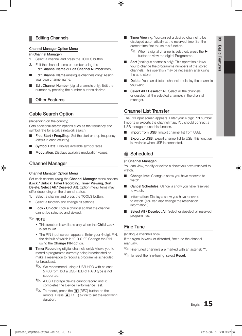 Cable search option, Channel manager, Channel list transfer | Scheduled, Fine tune | Samsung UE65C8000XW User Manual | Page 15 / 374