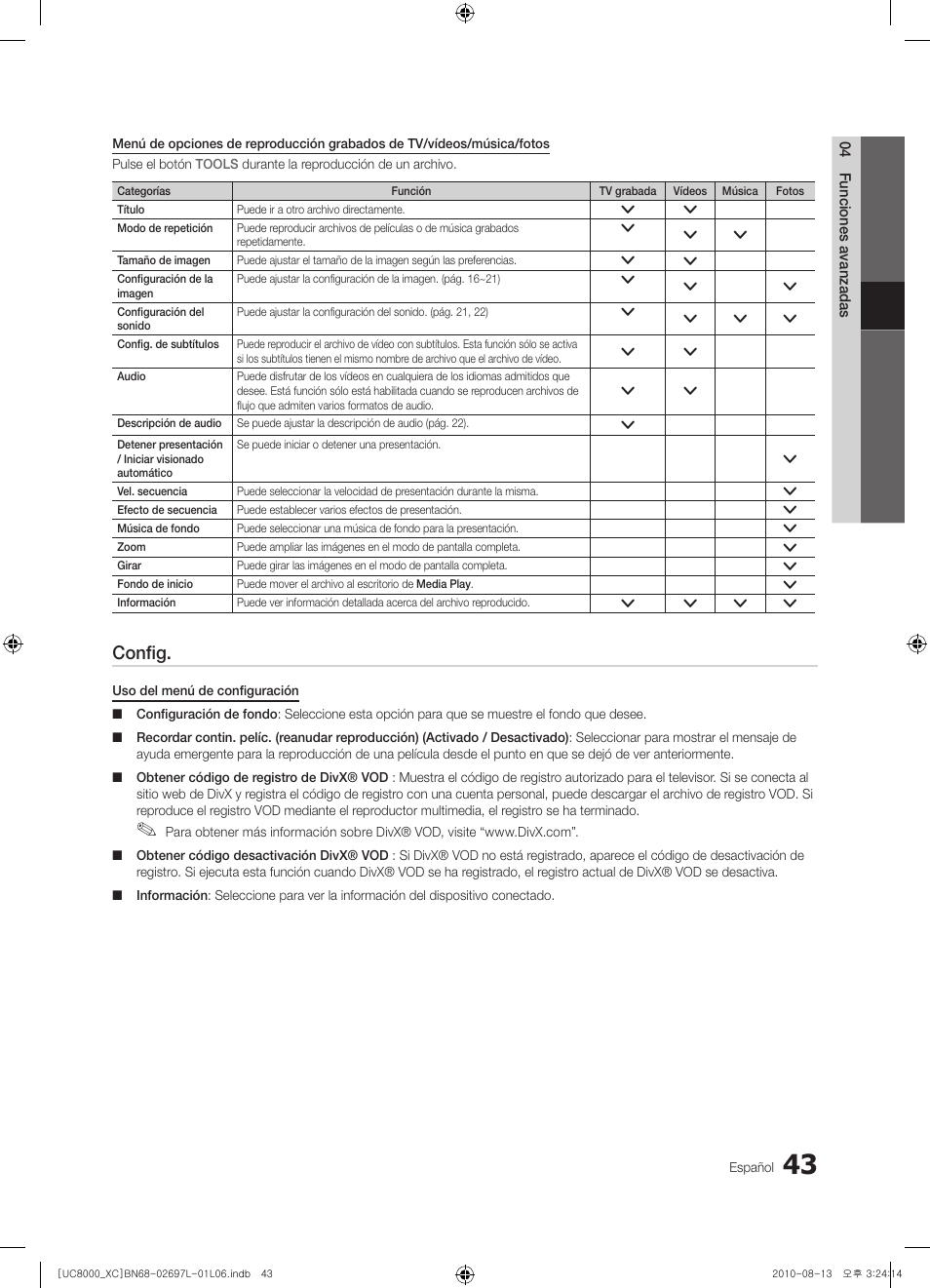 Config | Samsung UE65C8000XW User Manual | Page 167 / 374