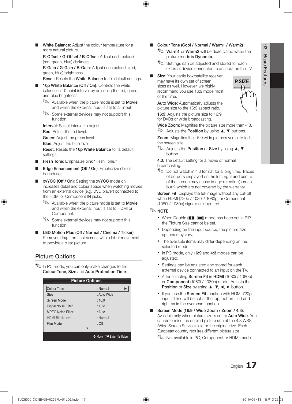 Picture options | Samsung UE65C8000XW User Manual | Page 17 / 374