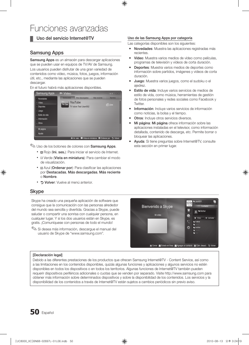 Funciones avanzadas, Samsung apps, Skype | Uso del servicio internet@tv | Samsung UE65C8000XW User Manual | Page 174 / 374