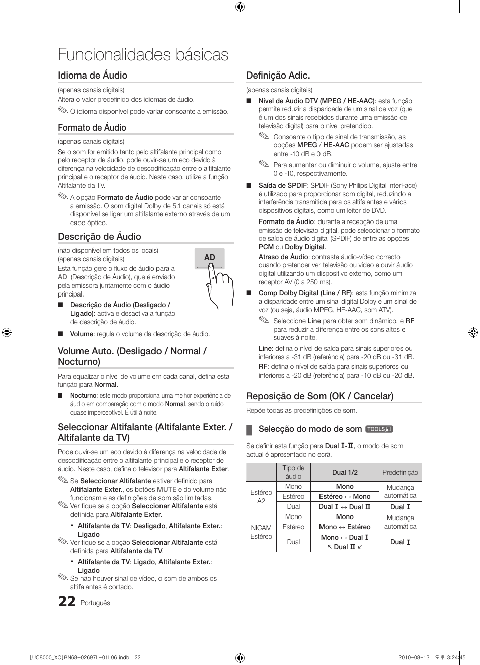 Funcionalidades básicas, Idioma de áudio, Formato de áudio | Descrição de áudio, Volume auto. (desligado / normal / nocturno), Definição adic, Reposição de som (ok / cancelar) | Samsung UE65C8000XW User Manual | Page 208 / 374