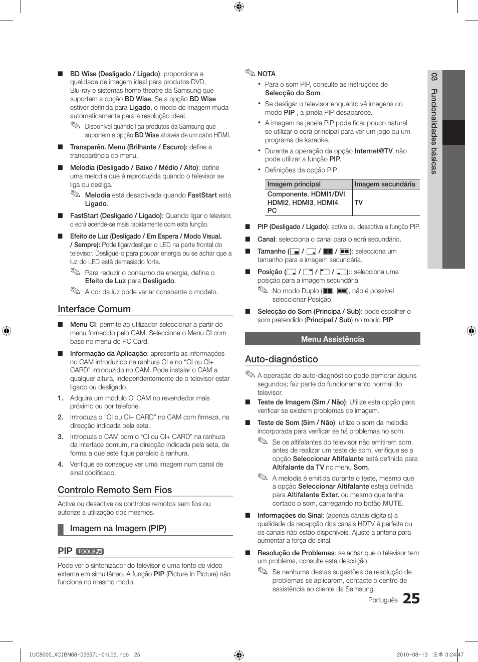 Interface comum, Controlo remoto sem fios, Auto-diagnóstico | Samsung UE65C8000XW User Manual | Page 211 / 374