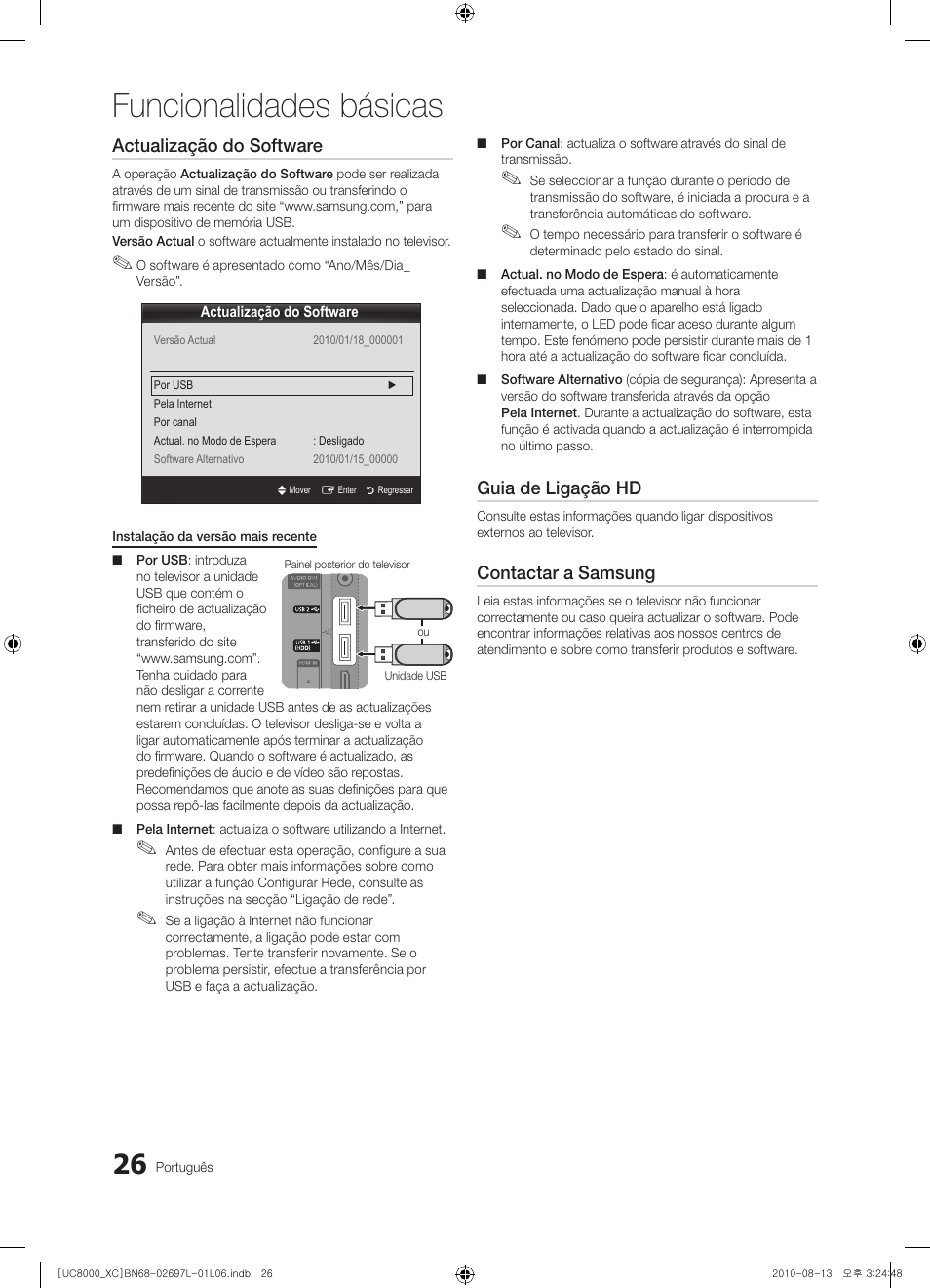 Funcionalidades básicas, Actualização do software, Guia de ligação hd | Contactar a samsung | Samsung UE65C8000XW User Manual | Page 212 / 374