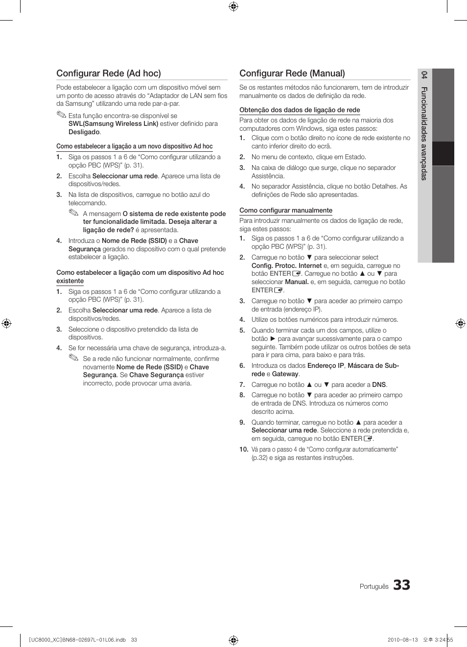 Configurar rede (ad hoc), Configurar rede (manual) | Samsung UE65C8000XW User Manual | Page 219 / 374