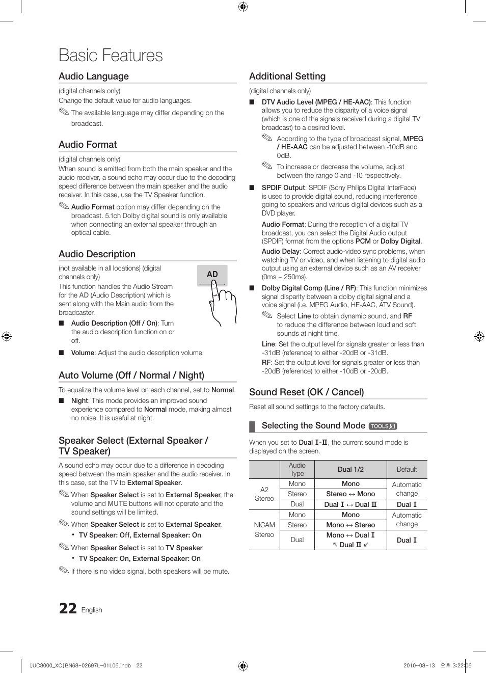 Basic features, Audio language, Audio format | Audio description, Auto volume (off / normal / night), Speaker select (external speaker / tv speaker), Additional setting, Sound reset (ok / cancel) | Samsung UE65C8000XW User Manual | Page 22 / 374