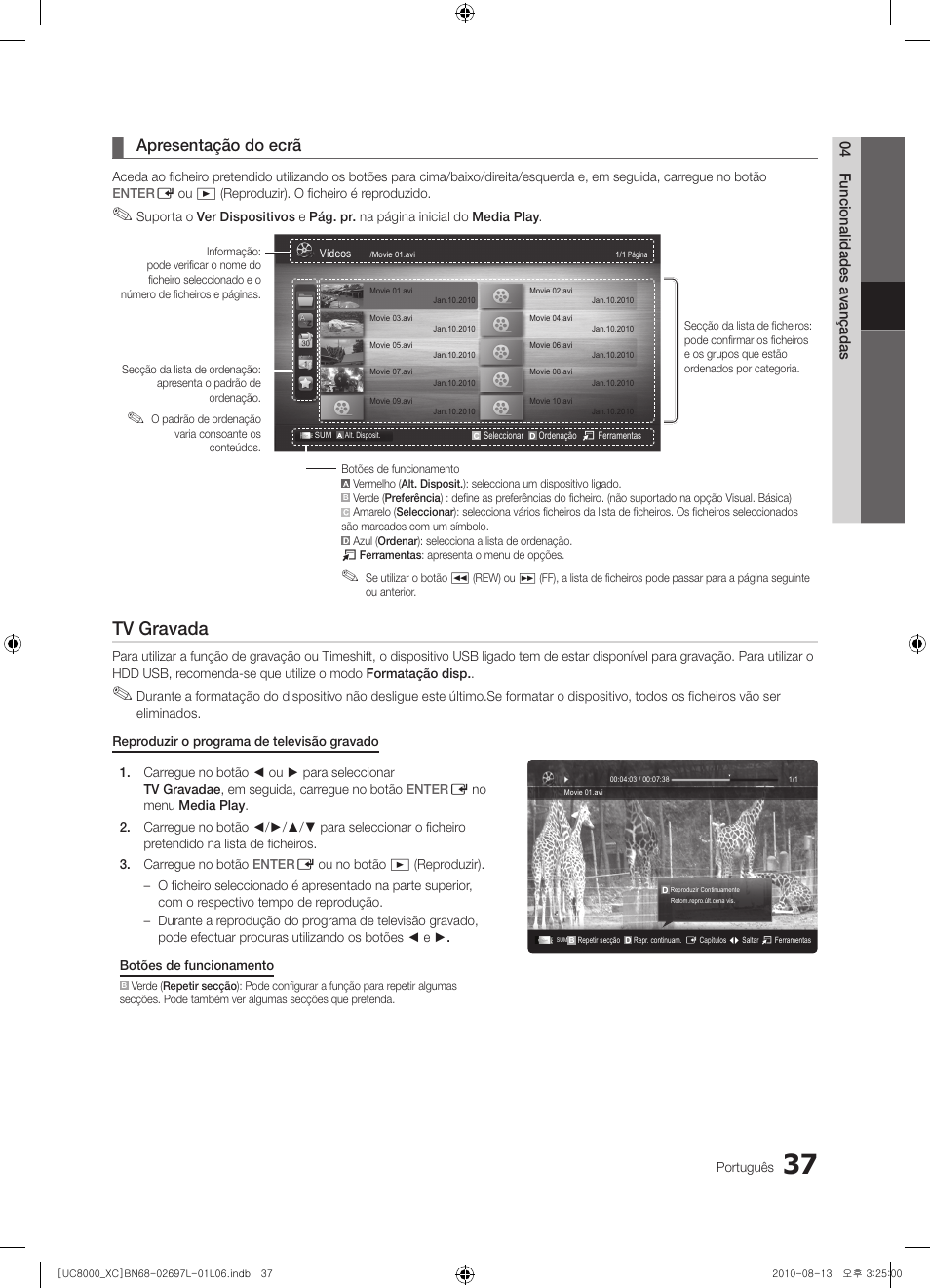 Tv gravada, Apresentação do ecrã | Samsung UE65C8000XW User Manual | Page 223 / 374