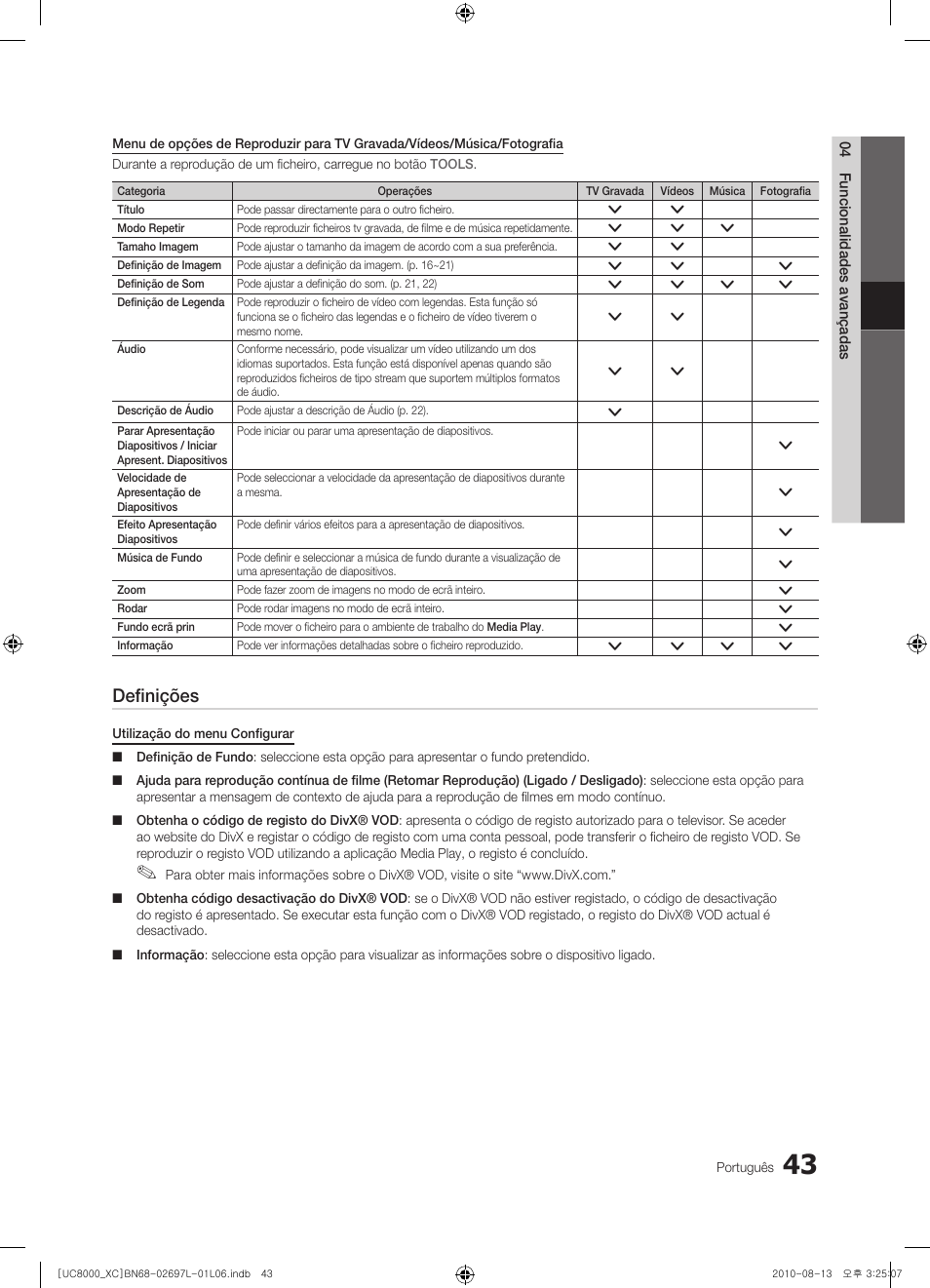 Definições | Samsung UE65C8000XW User Manual | Page 229 / 374