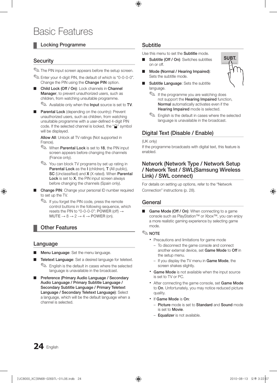 Basic features | Samsung UE65C8000XW User Manual | Page 24 / 374