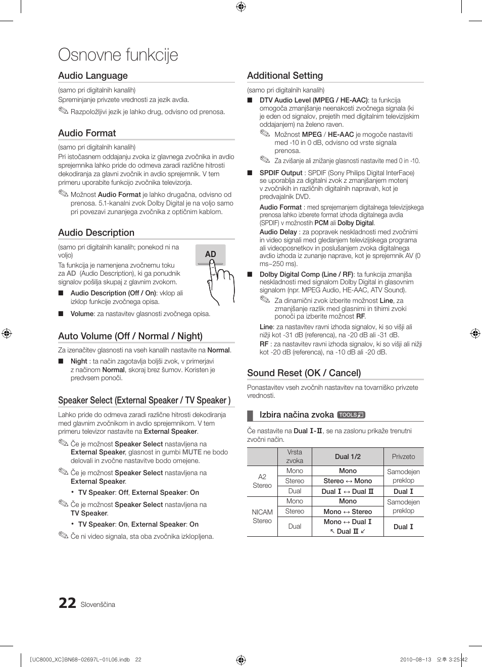 Osnovne funkcije, Audio language, Audio format | Audio description, Auto volume (off / normal / night), Speaker select (external speaker / tv speaker ), Additional setting, Sound reset (ok / cancel) | Samsung UE65C8000XW User Manual | Page 270 / 374