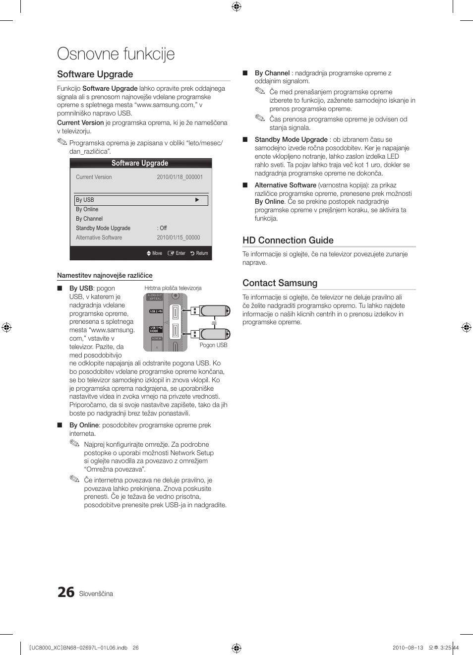 Osnovne funkcije, Software upgrade, Hd connection guide | Contact samsung | Samsung UE65C8000XW User Manual | Page 274 / 374