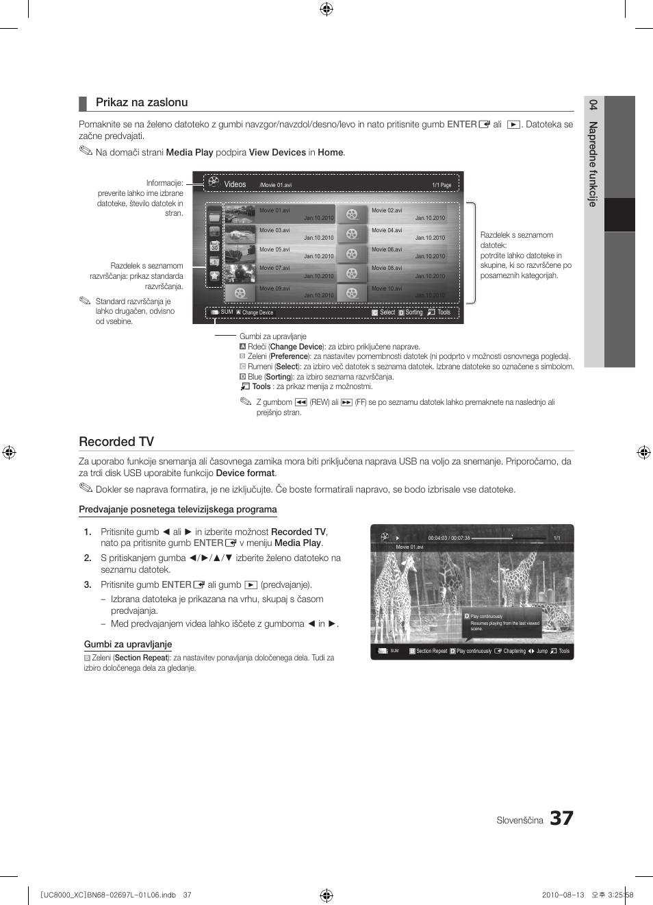 Recorded tv, Prikaz na zaslonu | Samsung UE65C8000XW User Manual | Page 285 / 374