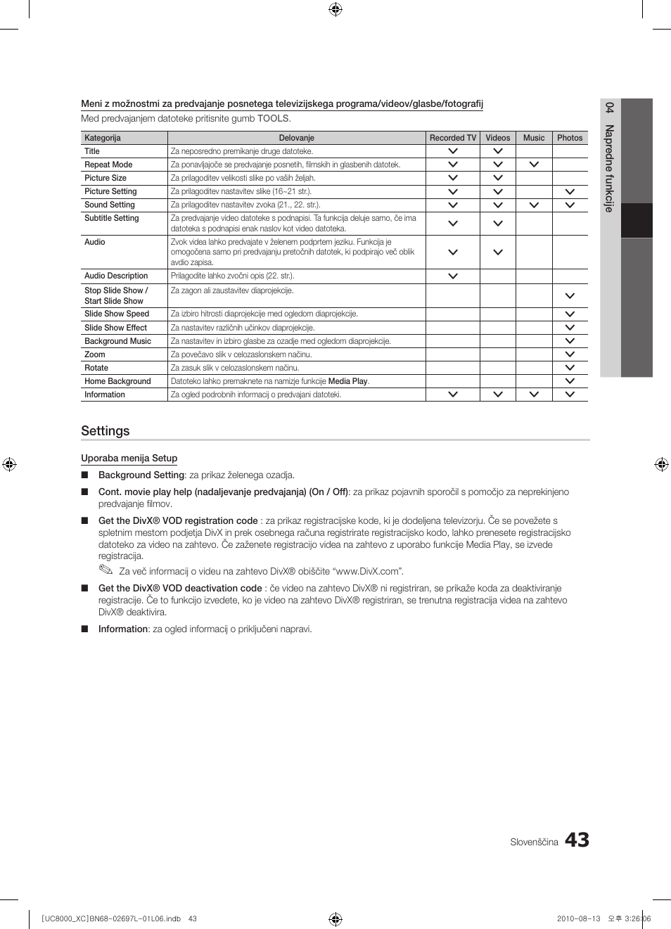 Settings | Samsung UE65C8000XW User Manual | Page 291 / 374