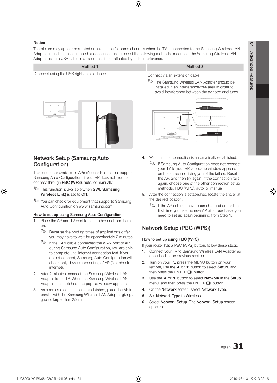 Network setup (samsung auto configuration), Network setup (pbc (wps)) | Samsung UE65C8000XW User Manual | Page 31 / 374
