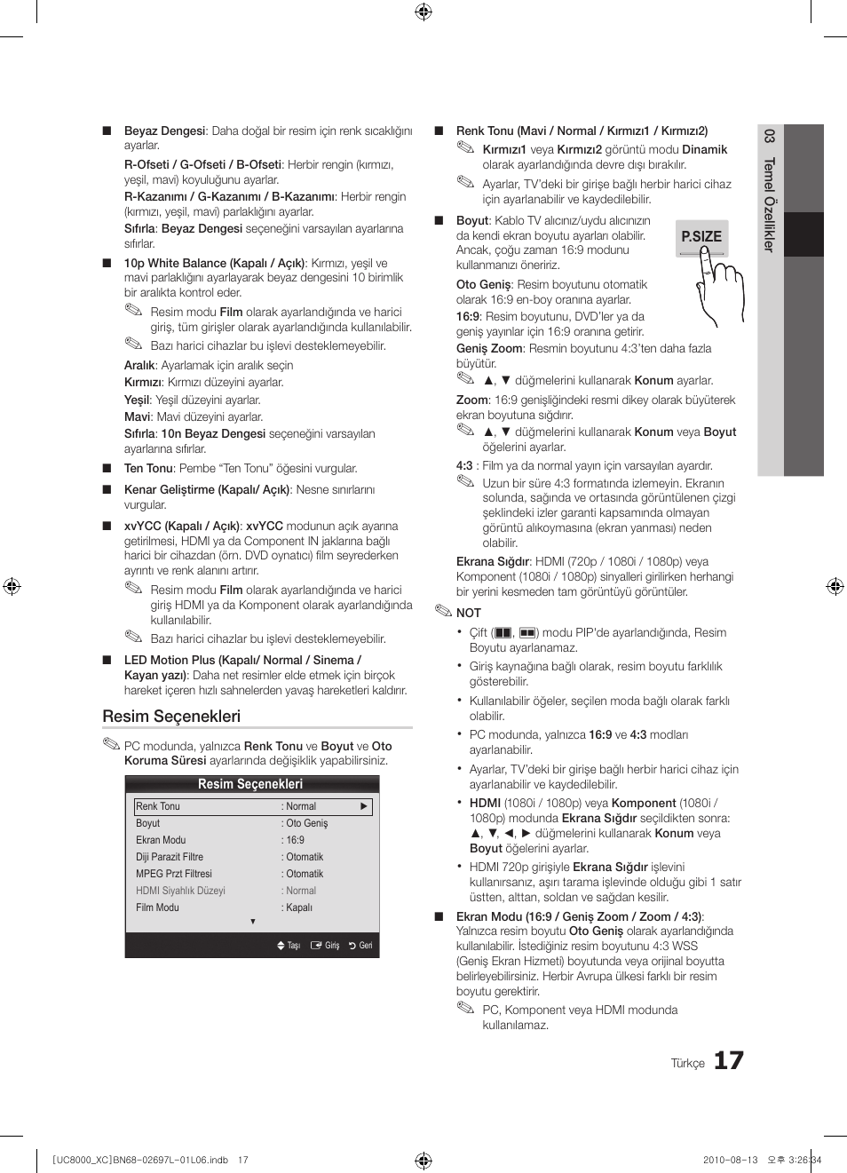 Resim seçenekleri | Samsung UE65C8000XW User Manual | Page 327 / 374