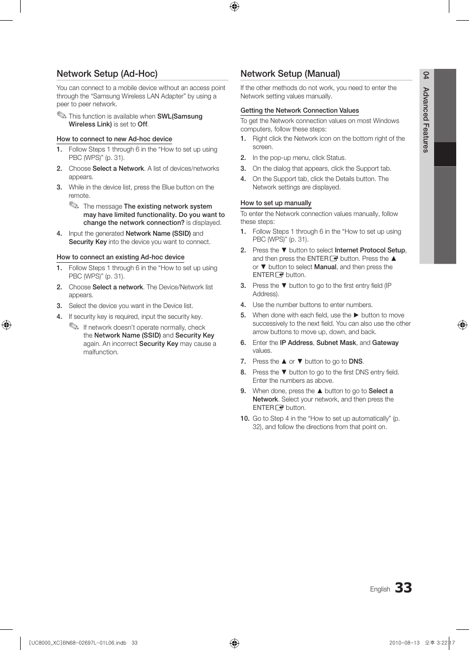 Network setup (ad-hoc), Network setup (manual) | Samsung UE65C8000XW User Manual | Page 33 / 374