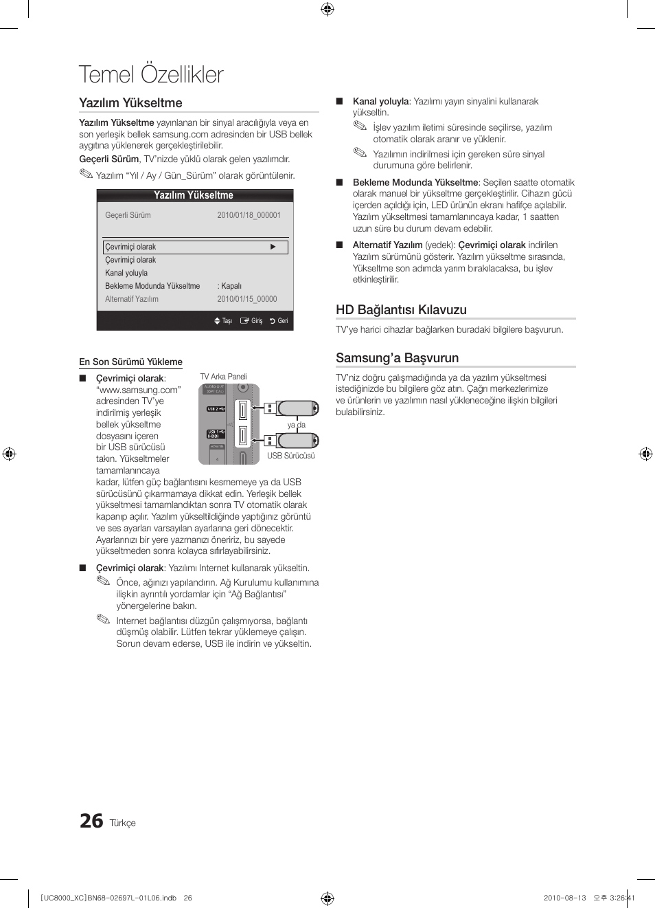 Temel özellikler, Yazılım yükseltme, Hd bağlantısı kılavuzu | Samsung’a başvurun | Samsung UE65C8000XW User Manual | Page 336 / 374