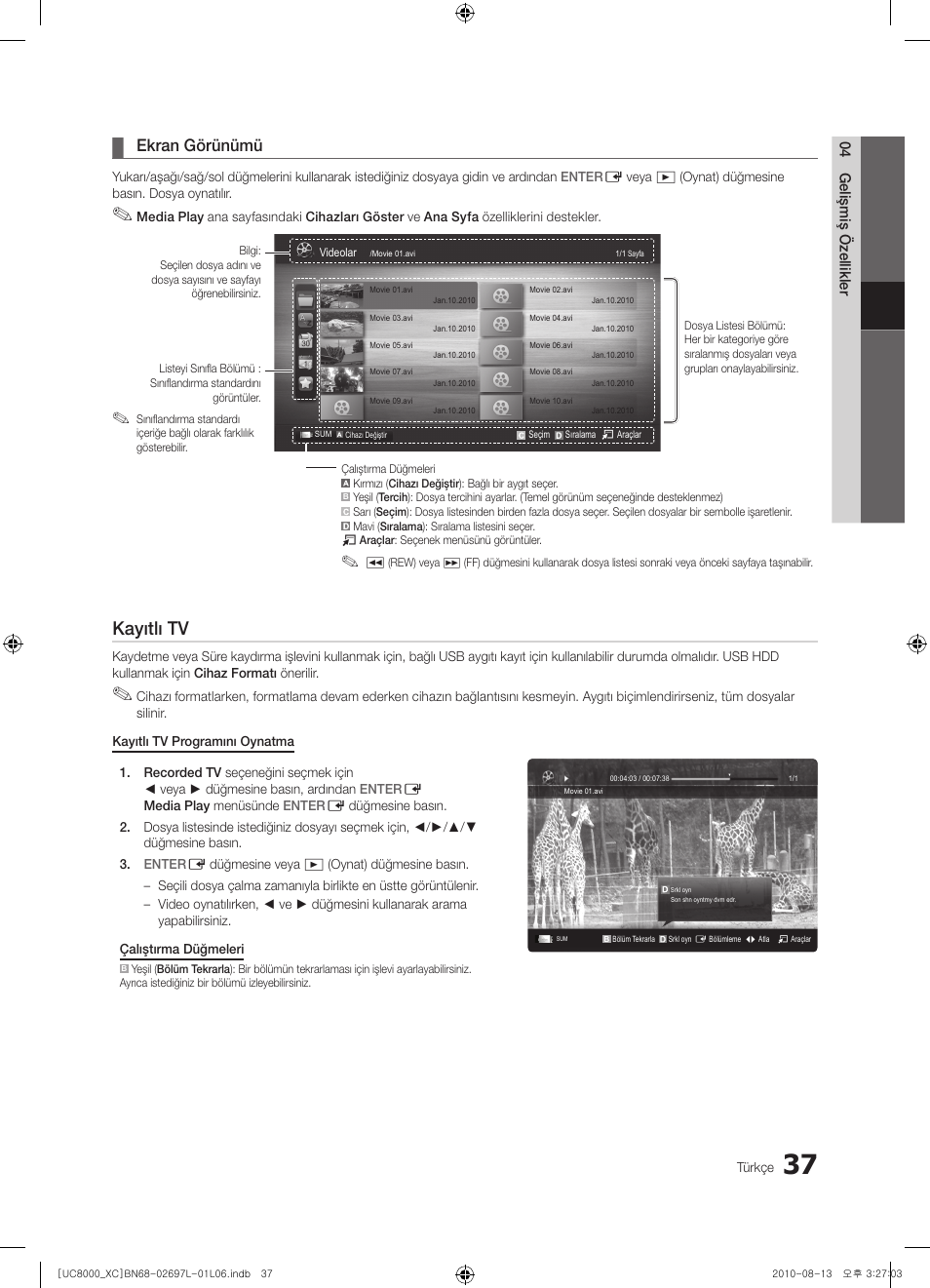 Kayıtlı tv, Ekran görünümü | Samsung UE65C8000XW User Manual | Page 347 / 374