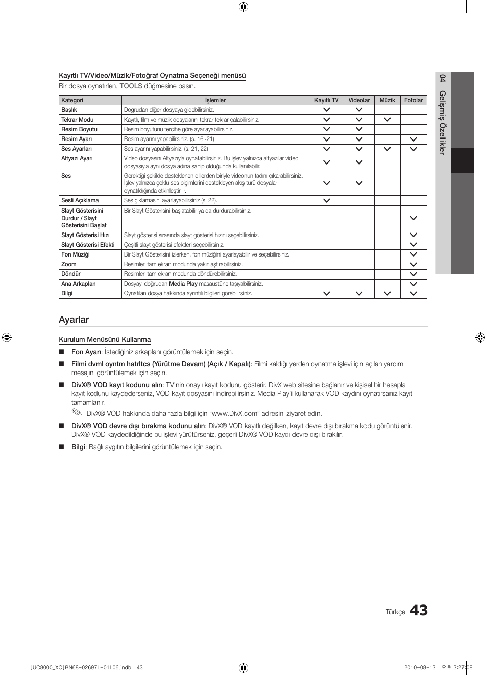 Ayarlar | Samsung UE65C8000XW User Manual | Page 353 / 374