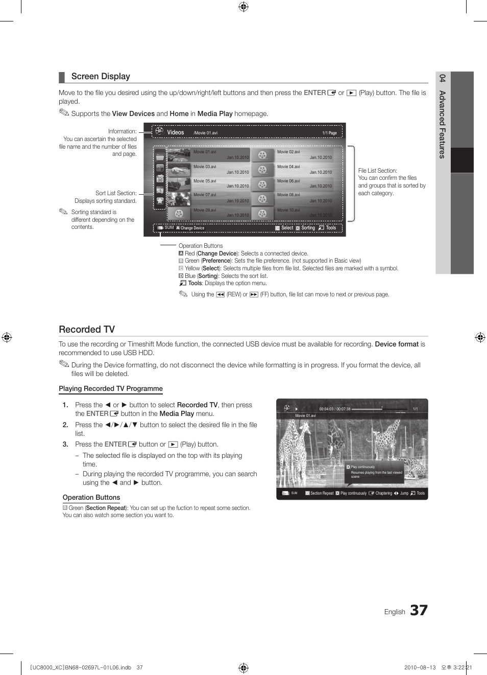 Recorded tv, Screen display | Samsung UE65C8000XW User Manual | Page 37 / 374