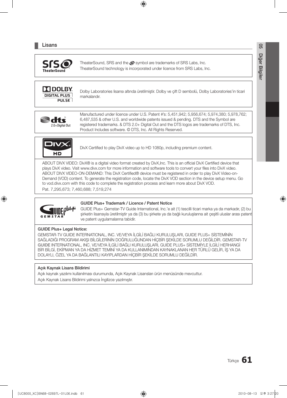 Samsung UE65C8000XW User Manual | Page 371 / 374