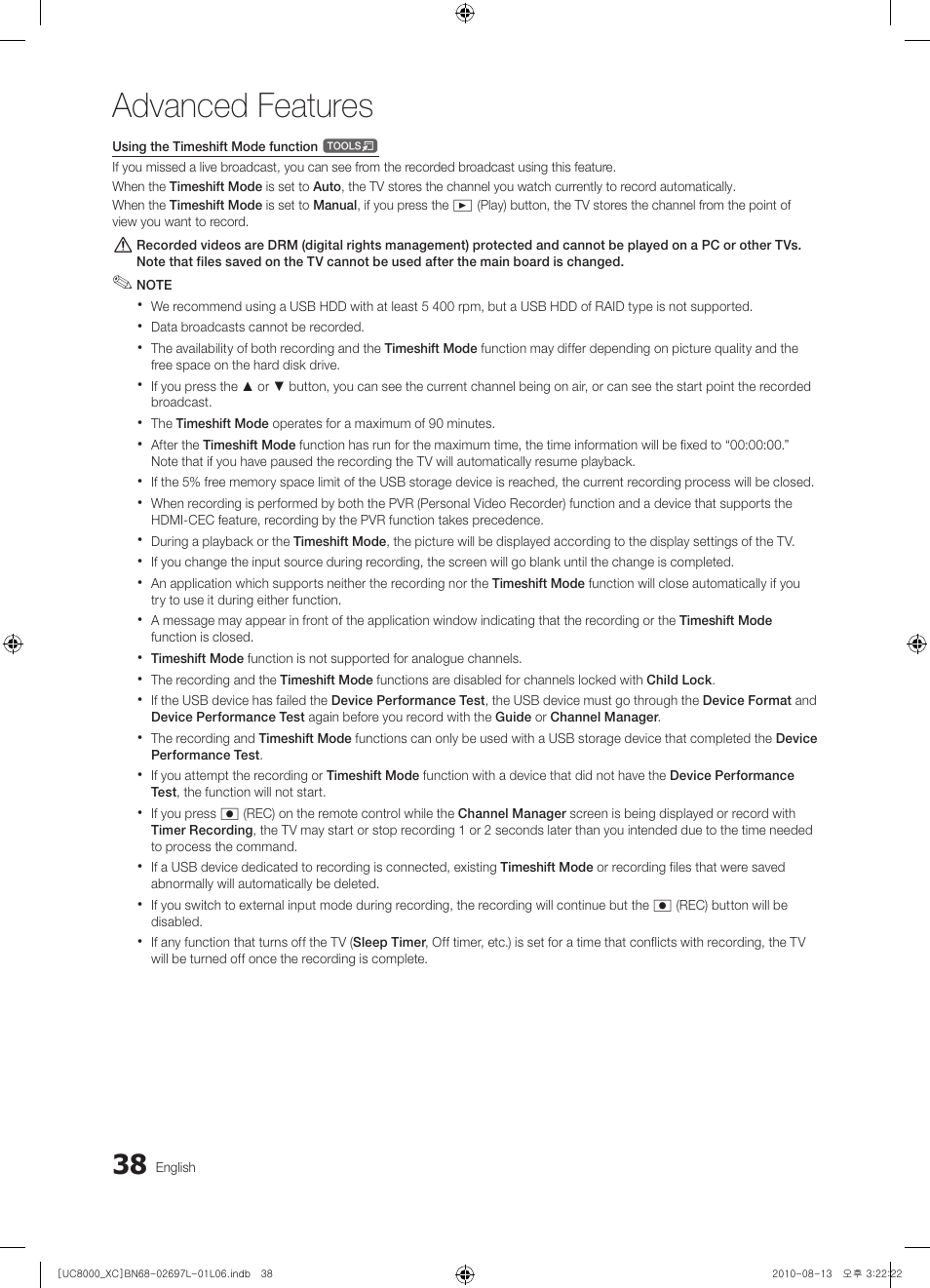 Advanced features | Samsung UE65C8000XW User Manual | Page 38 / 374