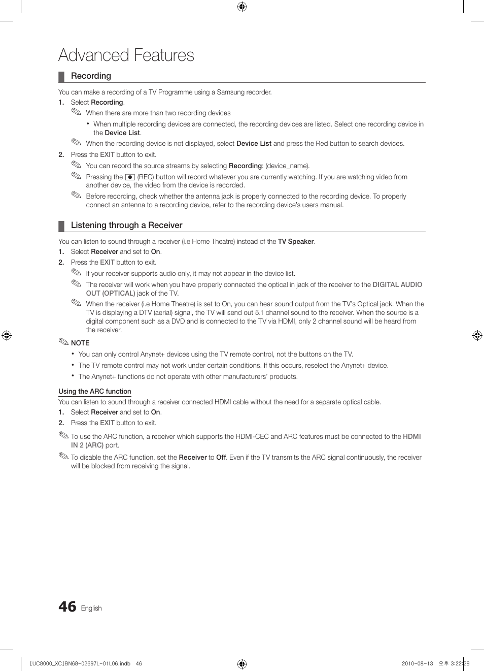 Advanced features | Samsung UE65C8000XW User Manual | Page 46 / 374