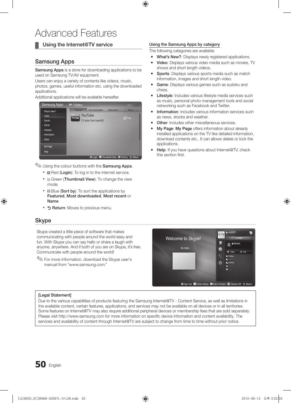 Advanced features, Samsung apps, Skype | Using the internet@tv service | Samsung UE65C8000XW User Manual | Page 50 / 374