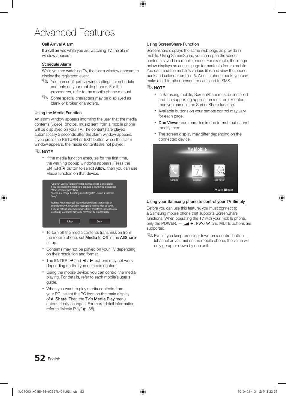 Advanced features | Samsung UE65C8000XW User Manual | Page 52 / 374